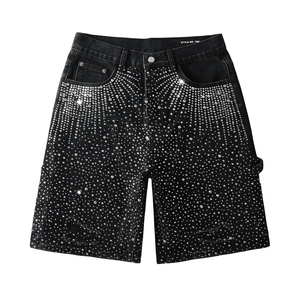Luxury Bling Men's Black Jean Shorts Covered in Shiny Rhinestones for Night Out Fashion 5099