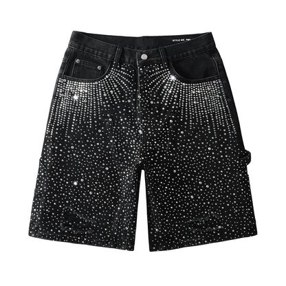 Luxury Bling Men's Black Jean Shorts Covered in Shiny Rhinestones for Night Out Fashion 5099