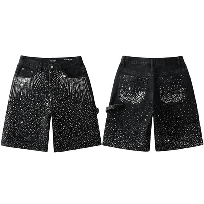 Luxury Bling Men's Black Jean Shorts Covered in Shiny Rhinestones for Night Out Fashion 5099
