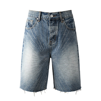 Men’s Blue Denim Shorts with Rhinestone Sunburst Design and Raw Hem 5100
