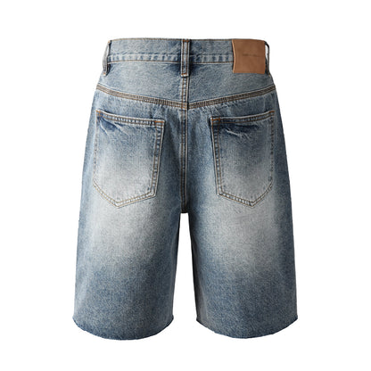 Men’s Blue Denim Shorts with Rhinestone Sunburst Design and Raw Hem 5100