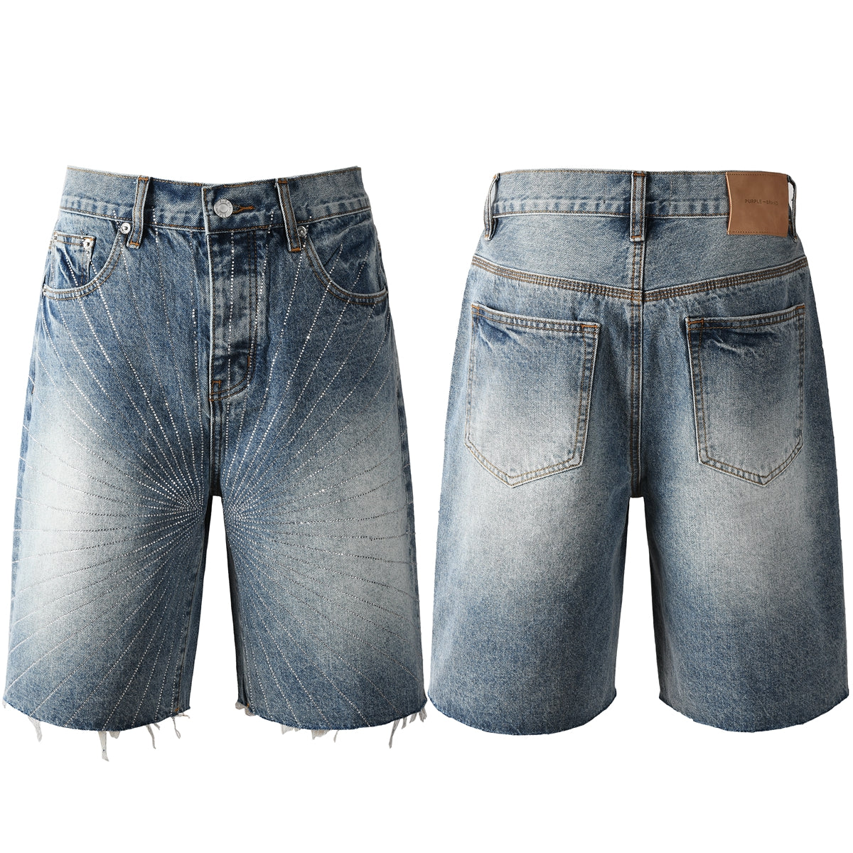 Men’s Blue Denim Shorts with Rhinestone Sunburst Design and Raw Hem 5100