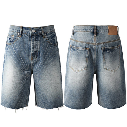Men’s Blue Denim Shorts with Rhinestone Sunburst Design and Raw Hem 5100