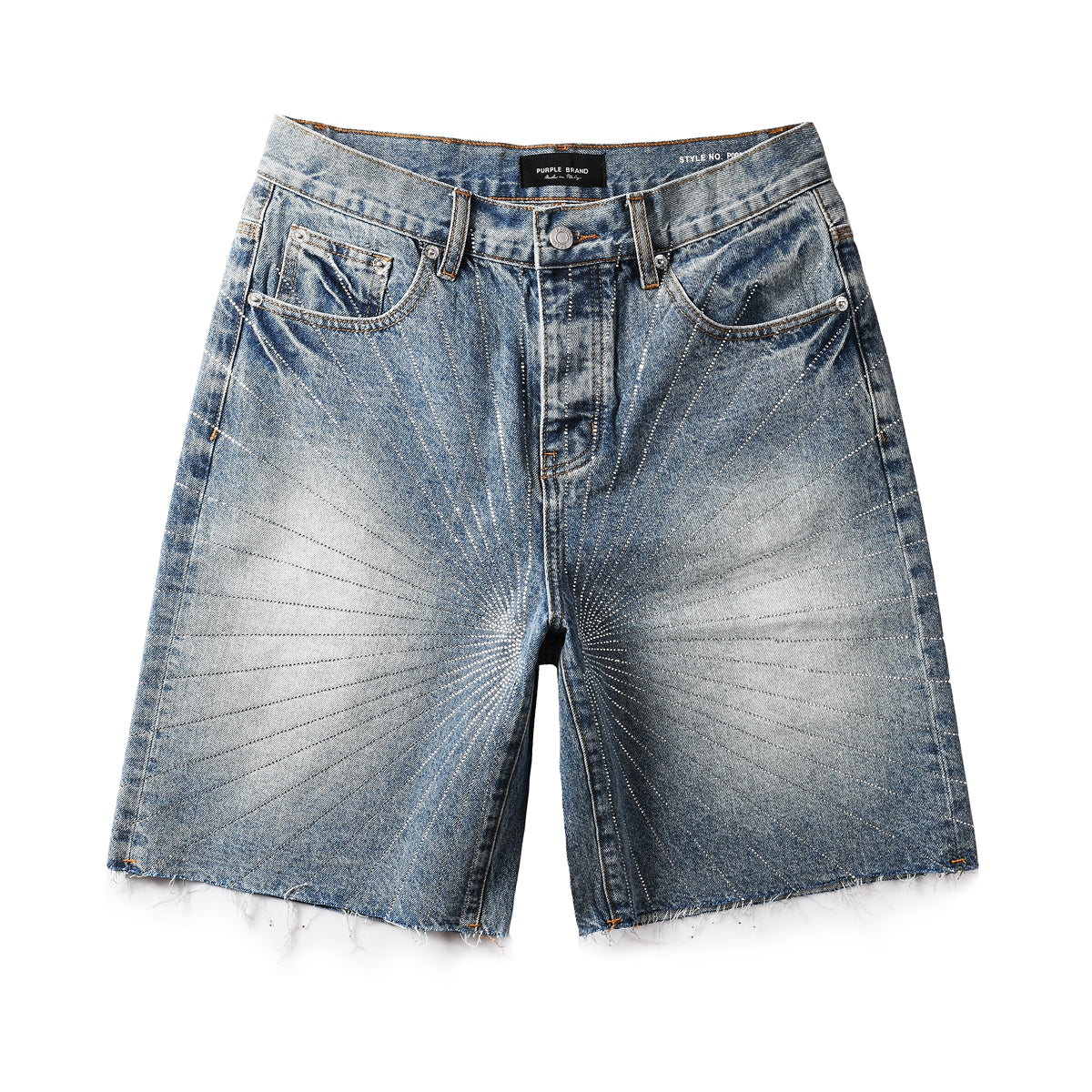 Men’s Blue Denim Shorts with Rhinestone Sunburst Design and Raw Hem 5100