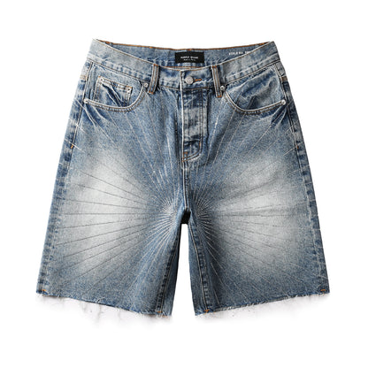 Men’s Blue Denim Shorts with Rhinestone Sunburst Design and Raw Hem 5100