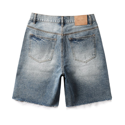 Men’s Blue Denim Shorts with Rhinestone Sunburst Design and Raw Hem 5100