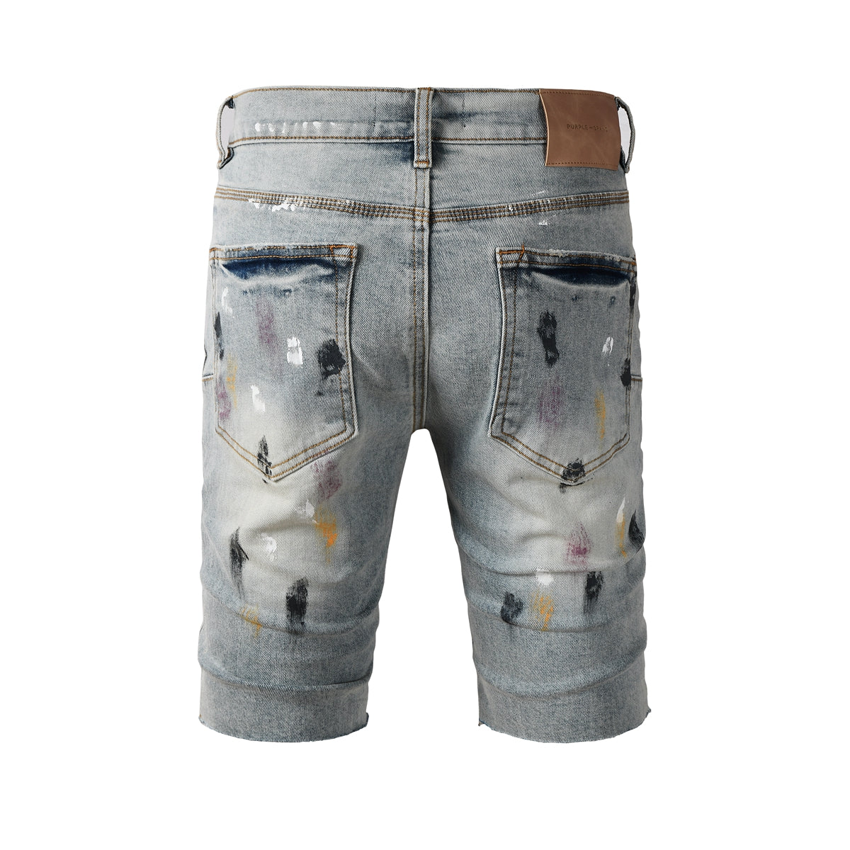 Men’s Light Blue Paint Splatter Denim Shorts with Distressed Streetwear Look 5101