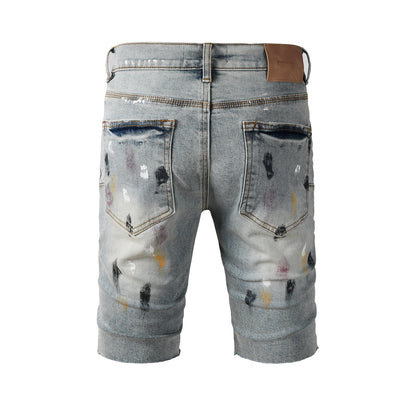 Men’s Light Blue Paint Splatter Denim Shorts with Distressed Streetwear Look 5101