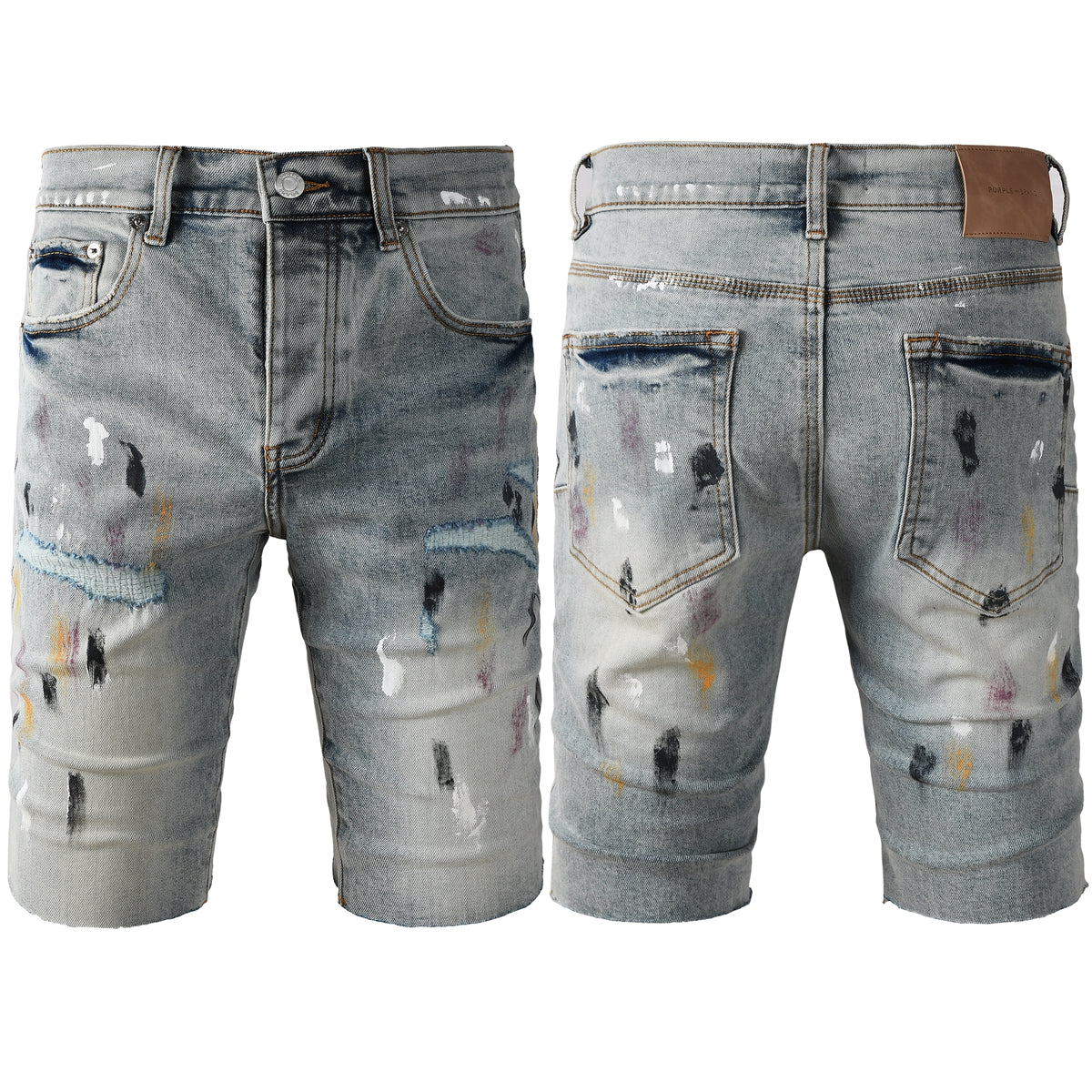 Men’s Light Blue Paint Splatter Denim Shorts with Distressed Streetwear Look 5101