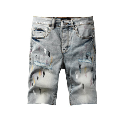 Men’s Light Blue Paint Splatter Denim Shorts with Distressed Streetwear Look 5101