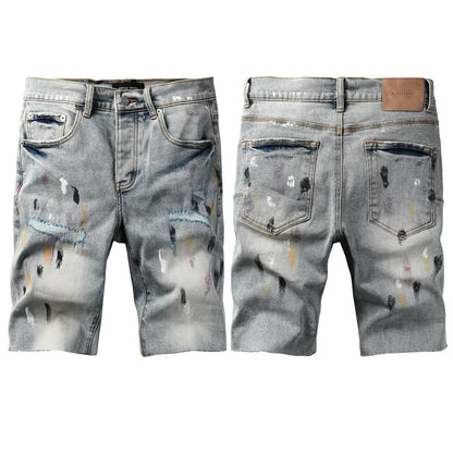 Men’s Light Blue Paint Splatter Denim Shorts with Distressed Streetwear Look 5101