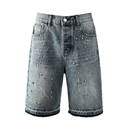 Luxury Hip Hop Denim Shorts with Glittering Rhinestone Embellishments and Vintage Washed Look 5102