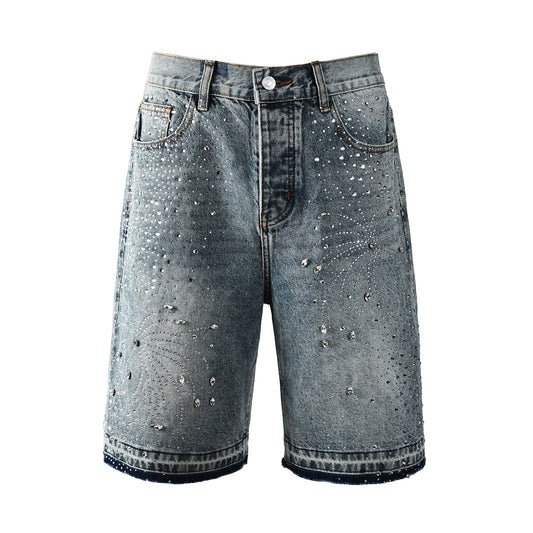 Luxury Hip Hop Denim Shorts with Glittering Rhinestone Embellishments and Vintage Washed Look 5102