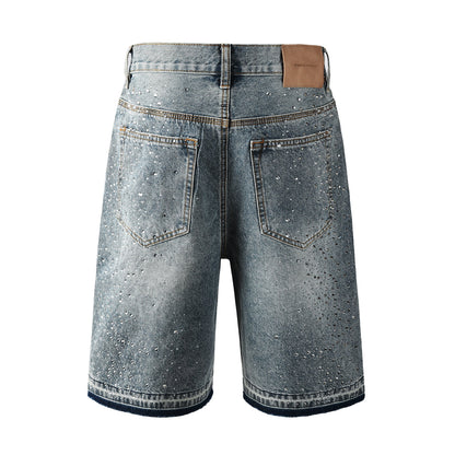 Luxury Hip Hop Denim Shorts with Glittering Rhinestone Embellishments and Vintage Washed Look 5102