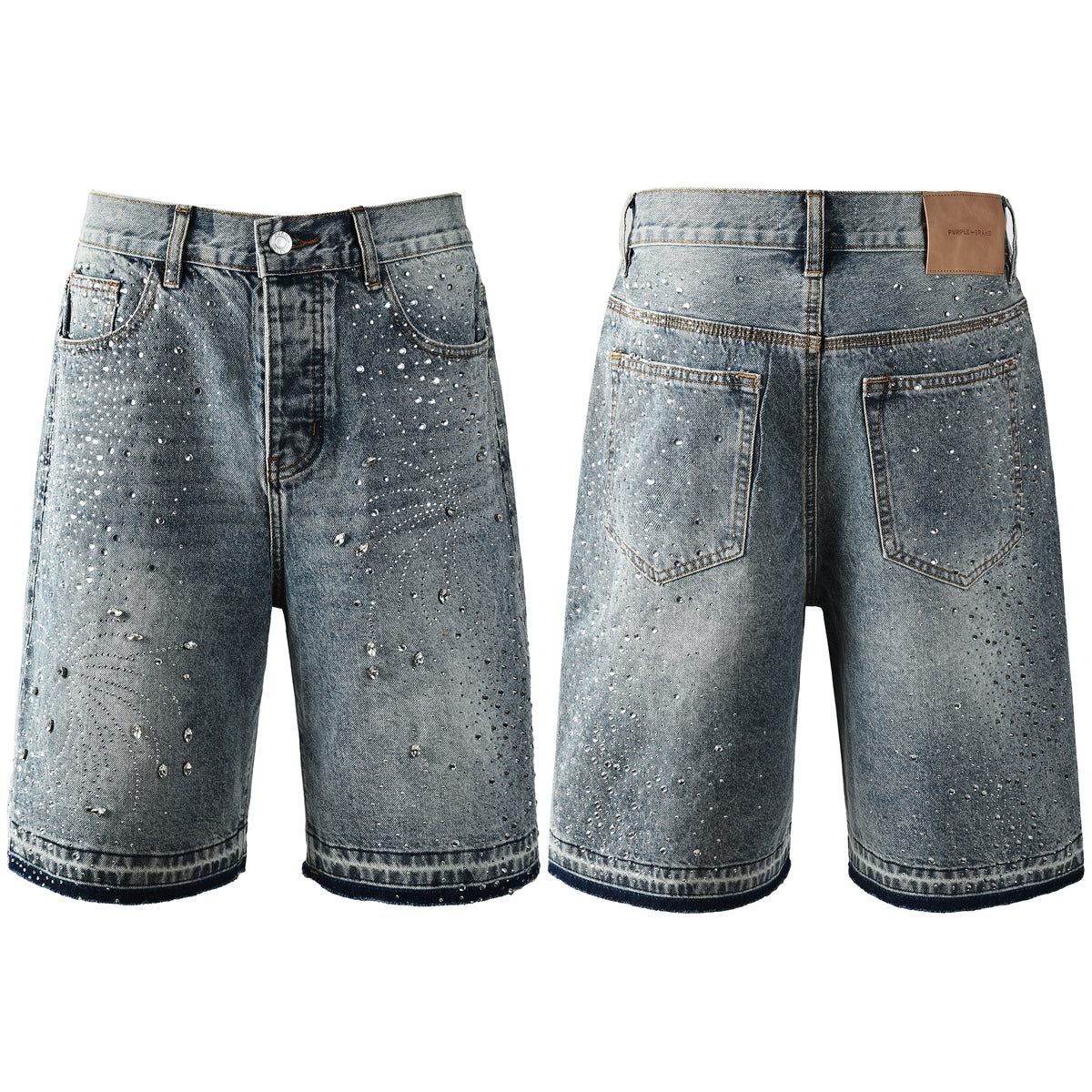 Luxury Hip Hop Denim Shorts with Glittering Rhinestone Embellishments and Vintage Washed Look 5102