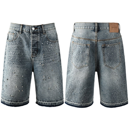 Luxury Hip Hop Denim Shorts with Glittering Rhinestone Embellishments and Vintage Washed Look 5102