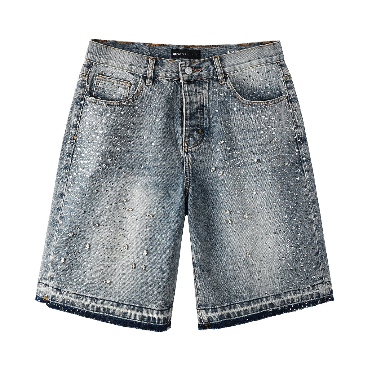 Luxury Hip Hop Denim Shorts with Glittering Rhinestone Embellishments and Vintage Washed Look 5102