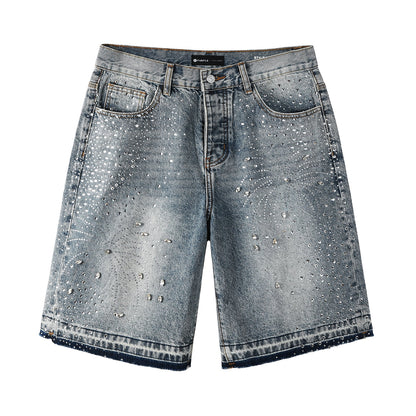 Luxury Hip Hop Denim Shorts with Glittering Rhinestone Embellishments and Vintage Washed Look 5102