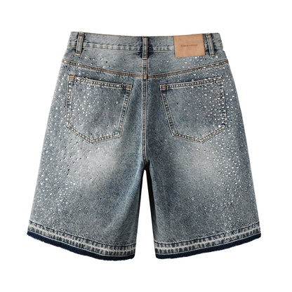Luxury Hip Hop Denim Shorts with Glittering Rhinestone Embellishments and Vintage Washed Look 5102