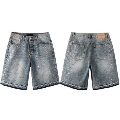 Luxury Hip Hop Denim Shorts with Glittering Rhinestone Embellishments and Vintage Washed Look 5102