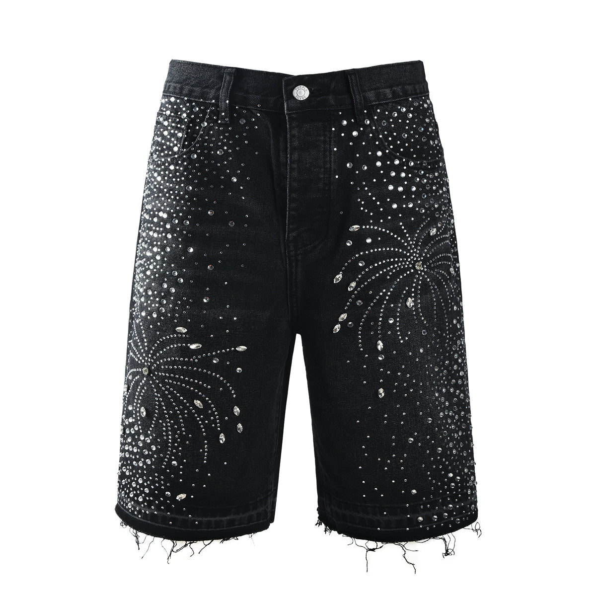Men’s Black Rhinestone Denim Shorts with Firework Crystal Design 5103