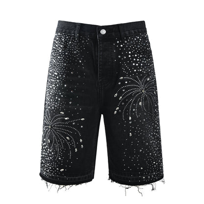 Men’s Black Rhinestone Denim Shorts with Firework Crystal Design 5103