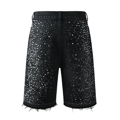 Men’s Black Rhinestone Denim Shorts with Firework Crystal Design 5103