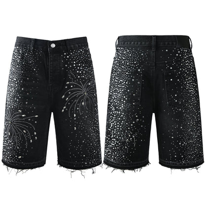Men’s Black Rhinestone Denim Shorts with Firework Crystal Design 5103