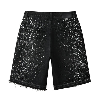 Men’s Black Rhinestone Denim Shorts with Firework Crystal Design 5103