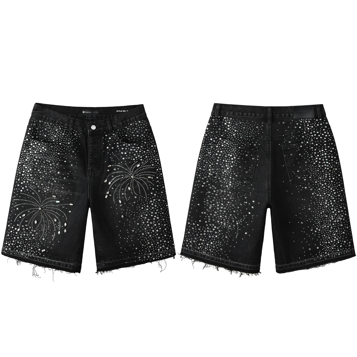 Men’s Black Rhinestone Denim Shorts with Firework Crystal Design 5103