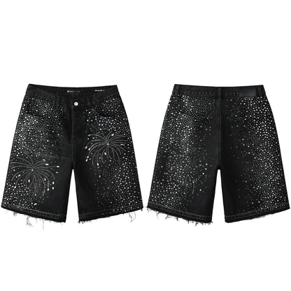 Men’s Black Rhinestone Denim Shorts with Firework Crystal Design 5103