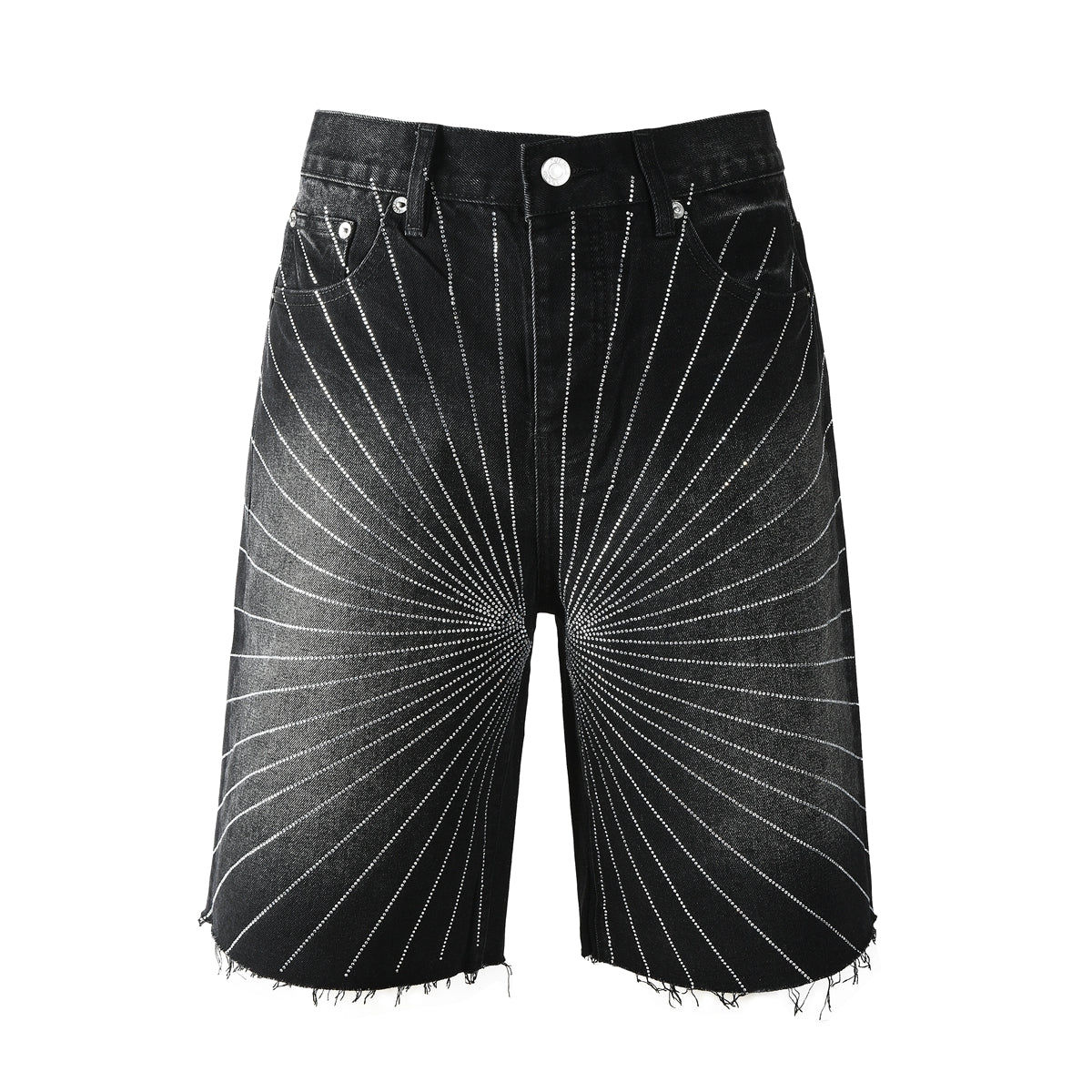 Men’s Black Denim Shorts with Radiating Studded Stripe Design Raw Hem Streetwear Style 5104