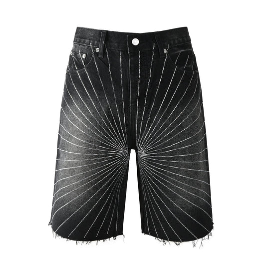 Men’s Black Denim Shorts with Radiating Studded Stripe Design Raw Hem Streetwear Style 5104