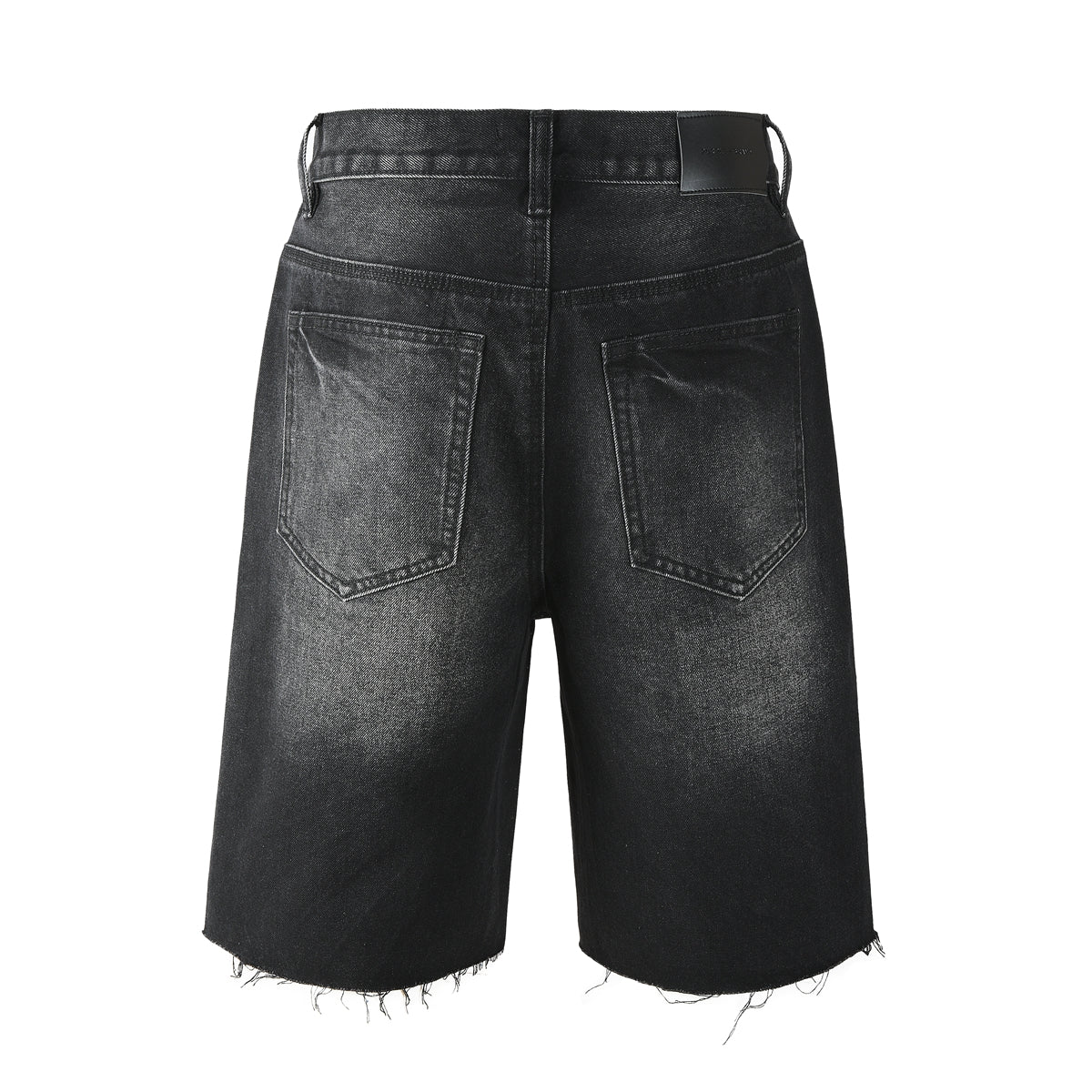 Men’s Black Denim Shorts with Radiating Studded Stripe Design Raw Hem Streetwear Style 5104