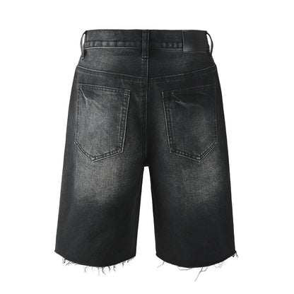Men’s Black Denim Shorts with Radiating Studded Stripe Design Raw Hem Streetwear Style 5104