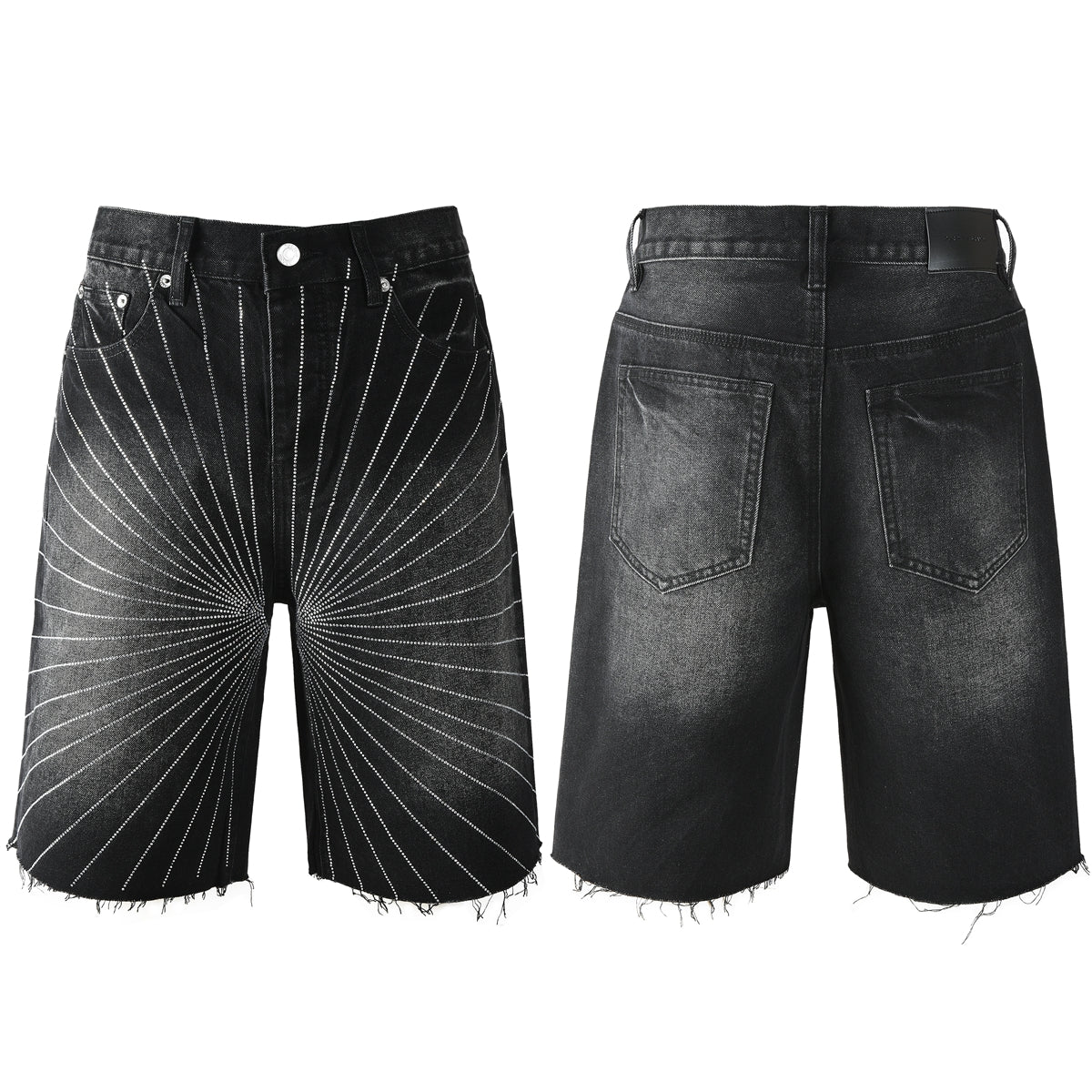 Men’s Black Denim Shorts with Radiating Studded Stripe Design Raw Hem Streetwear Style 5104