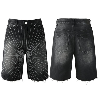 Men’s Black Denim Shorts with Radiating Studded Stripe Design Raw Hem Streetwear Style 5104