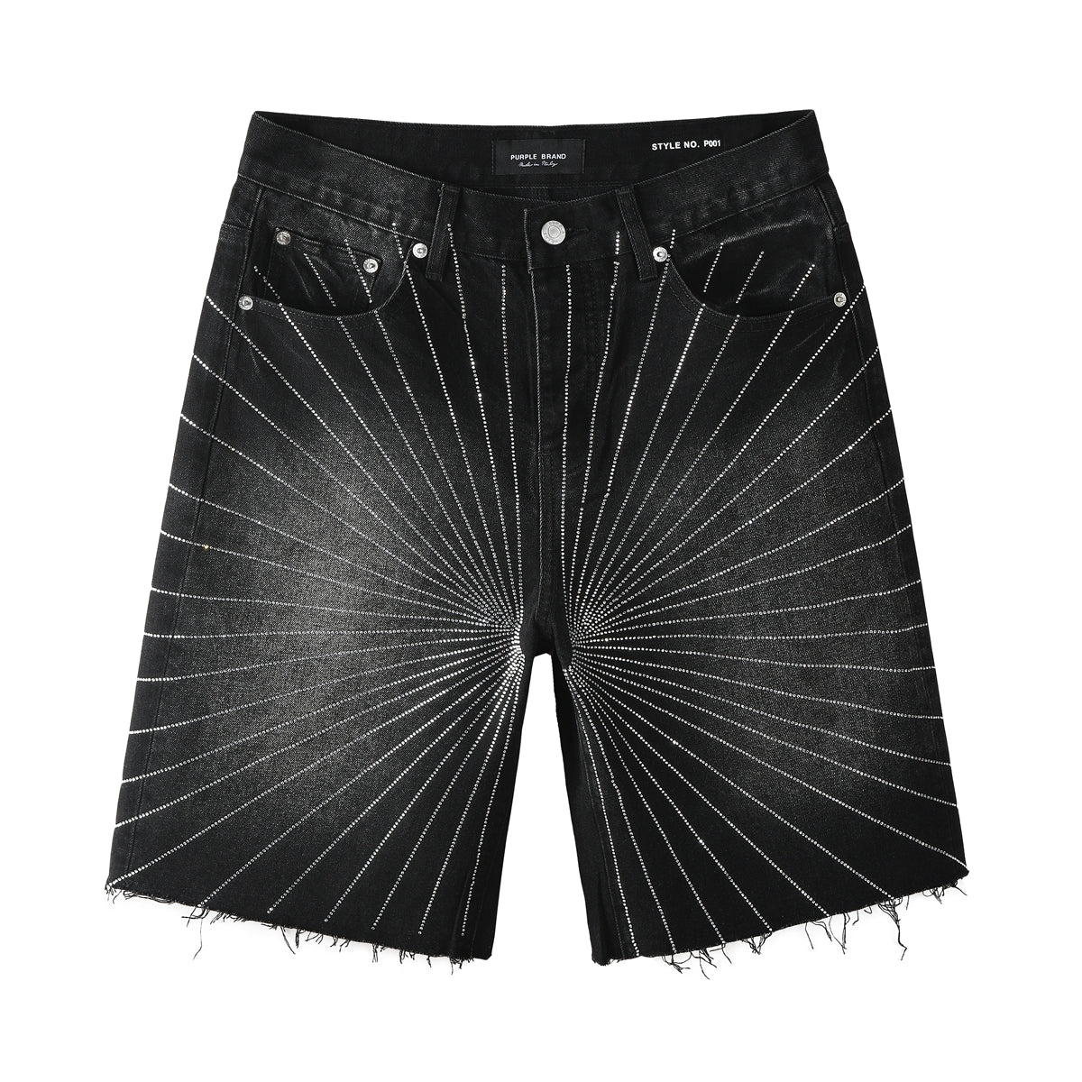 Men’s Black Denim Shorts with Radiating Studded Stripe Design Raw Hem Streetwear Style 5104