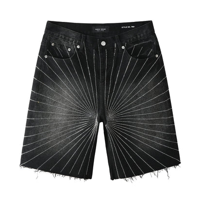 Men’s Black Denim Shorts with Radiating Studded Stripe Design Raw Hem Streetwear Style 5104