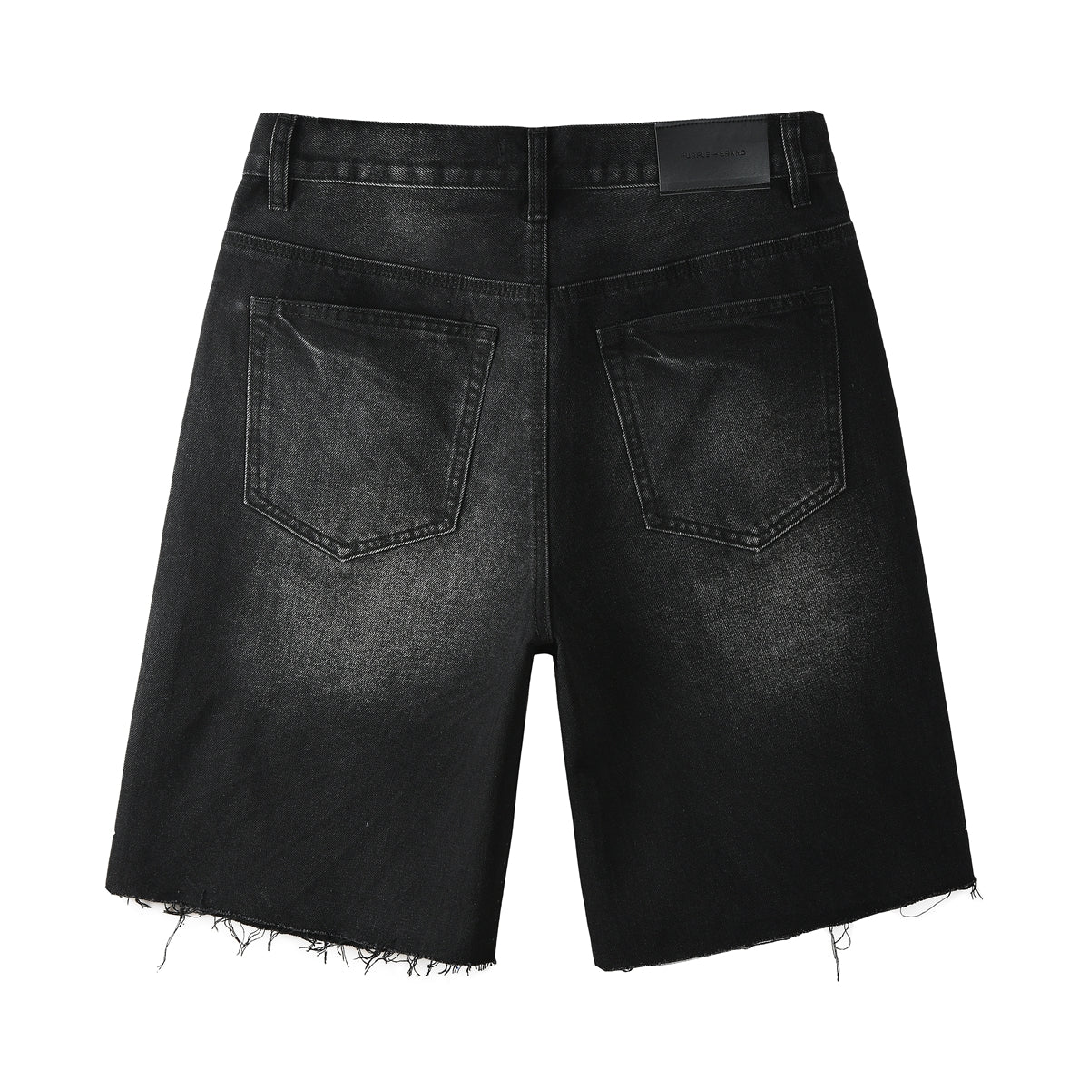 Men’s Black Denim Shorts with Radiating Studded Stripe Design Raw Hem Streetwear Style 5104