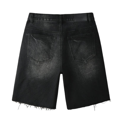 Men’s Black Denim Shorts with Radiating Studded Stripe Design Raw Hem Streetwear Style 5104