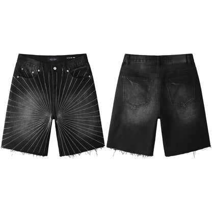 Men’s Black Denim Shorts with Radiating Studded Stripe Design Raw Hem Streetwear Style 5104