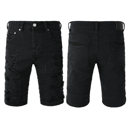 Edgy Distressed Black Denim Shorts with Destroyed Rips for Men’s Summer Fashion 5108