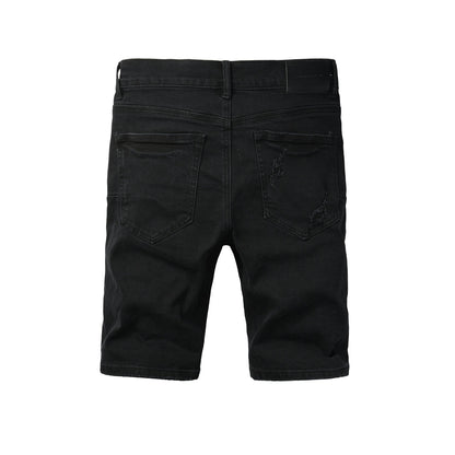 Edgy Distressed Black Denim Shorts with Destroyed Rips for Men’s Summer Fashion 5108