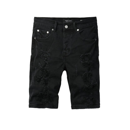 Edgy Distressed Black Denim Shorts with Destroyed Rips for Men’s Summer Fashion 5108