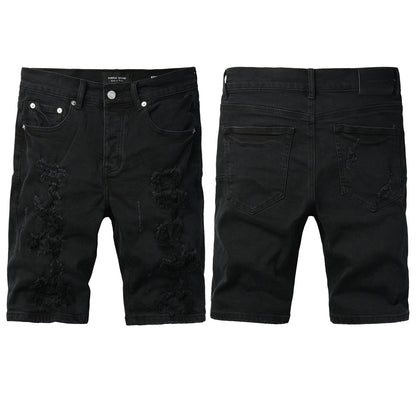 Edgy Distressed Black Denim Shorts with Destroyed Rips for Men’s Summer Fashion 5108