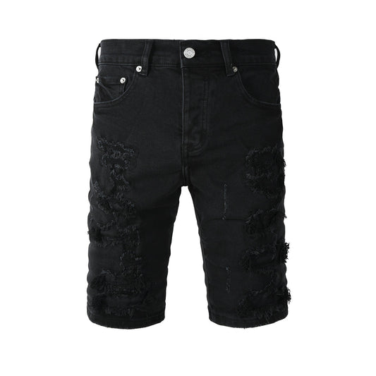 Edgy Distressed Black Denim Shorts with Destroyed Rips for Men’s Summer Fashion 5108