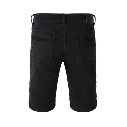 Edgy Distressed Black Denim Shorts with Destroyed Rips for Men’s Summer Fashion 5108