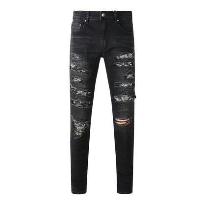 Men's Tight Fit Black Jeans with Paisley Patches and Distressed Details 669