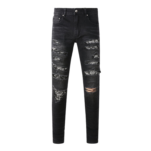 Men's Tight Fit Black Jeans with Paisley Patches and Distressed Details 669
